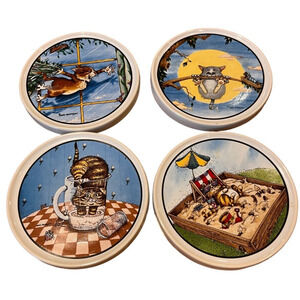 Set of 4 Gary Patterson Cartoon Cat Non-Slip Ceramic Coasters by Clay Design